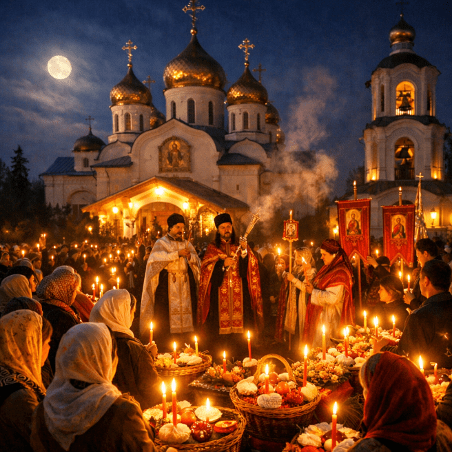 Orthodox Easter vigil with priests and worshippers holding candles outside a lit church at night