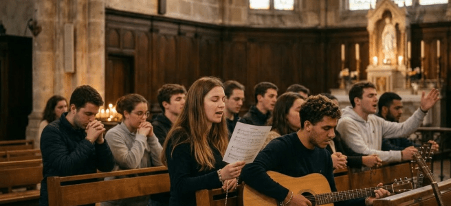 Young people praying and singing in church with guitar and sheet music