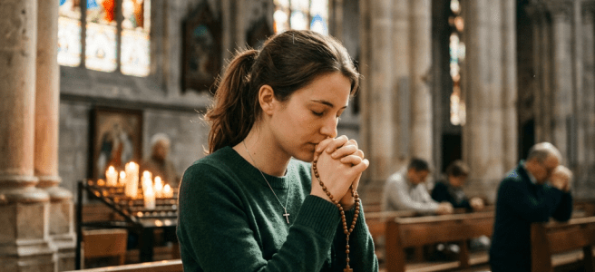 Woman praying with rosary beads inside a church pew
