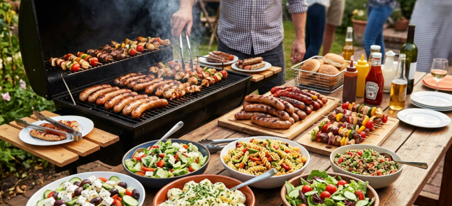 Man grilling sausages and kebabs on a barbecue with bowls of colorful salads and condiments on a wooden table