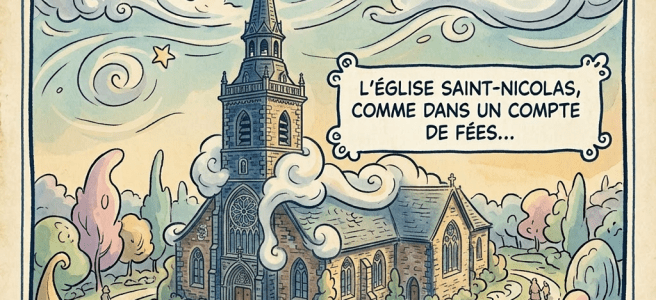 Whimsical illustration of Saint-Nicolas Church with swirling clouds and people walking dogs on path